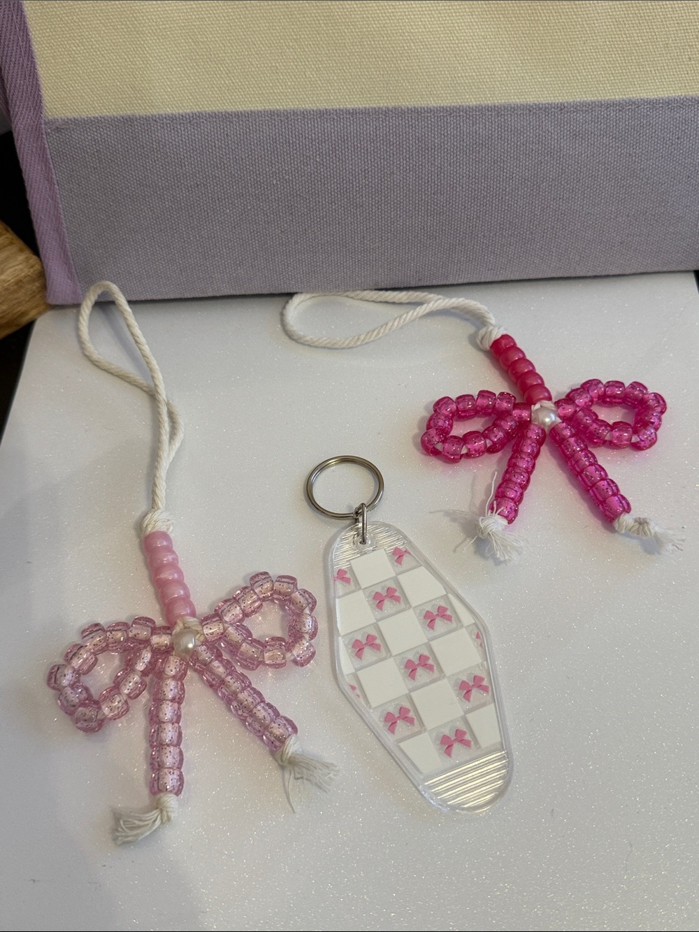 Pink Beaded Bow Tote Charms and Keychain Set